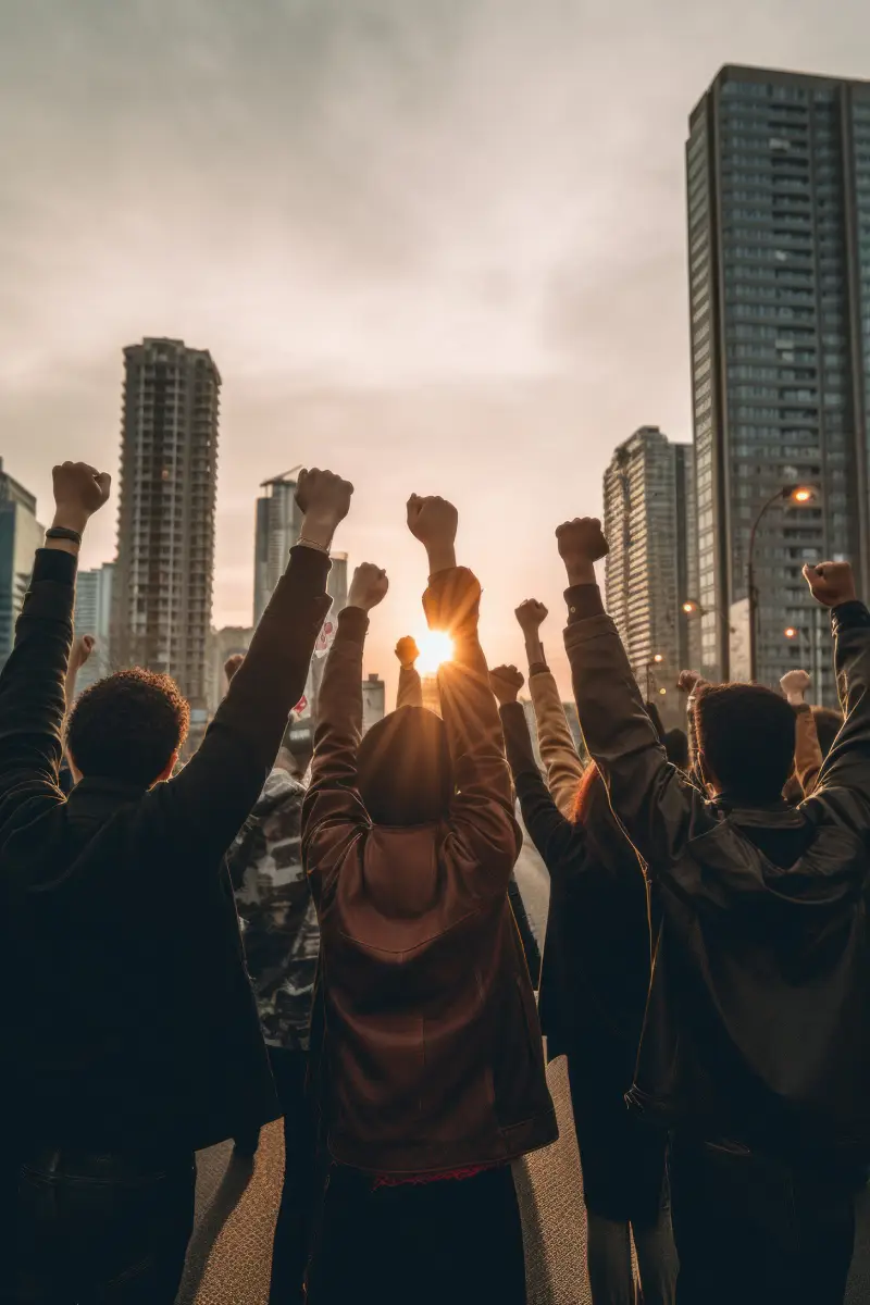 A group of people raising their hands in the air. Generative AI image.<br />
