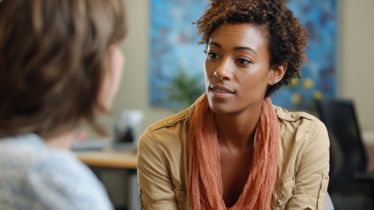 Woman covering her face with a white poster with the words mental health matter.<br />
